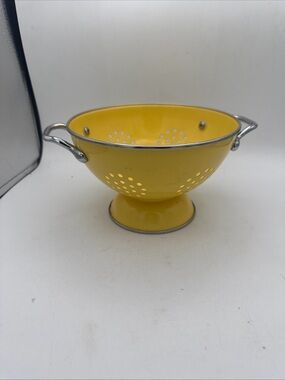 VTG Lemon Yellow Enamel w/ Handles Pedestal Colander strainer 7.5” Cottagecore